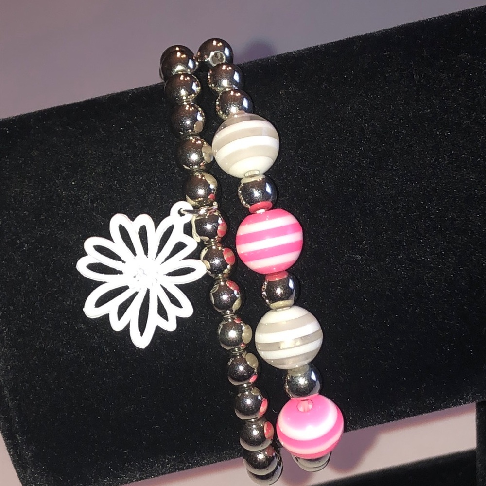 Stackable Silver Tone Bead Bracelet Set with Pink & White Striped Accents